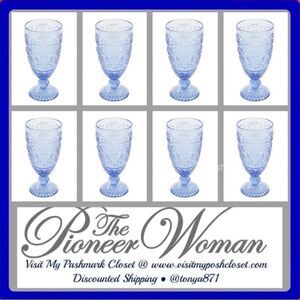 🦋 New Pioneer Woman Amelia 14.7-Ounce Footed Glass Goblets, Set of 8, Blue